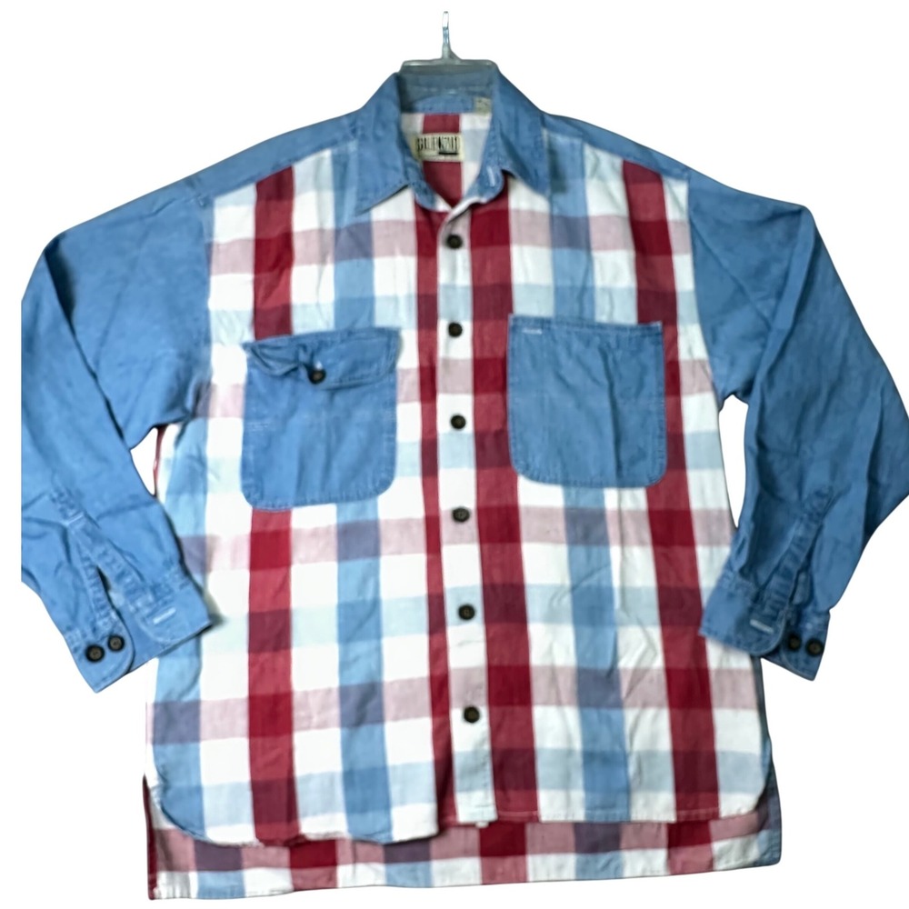 Silenzio Plaid Denim Mixed Media Button Down Shirt 90s Y2K Grunge Streetwear S‎